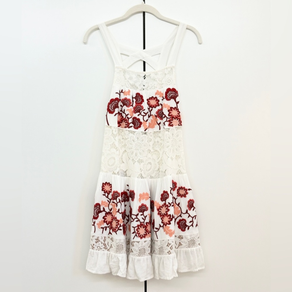 For Love & Lemons White Embroidered Lace + Floral Sheer Mini Dress Sz XS